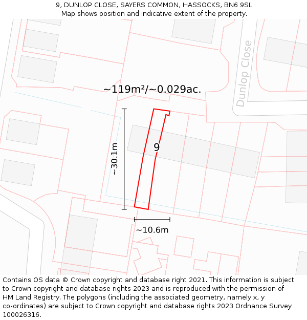 9, DUNLOP CLOSE, SAYERS COMMON, HASSOCKS, BN6 9SL: Plot and title map