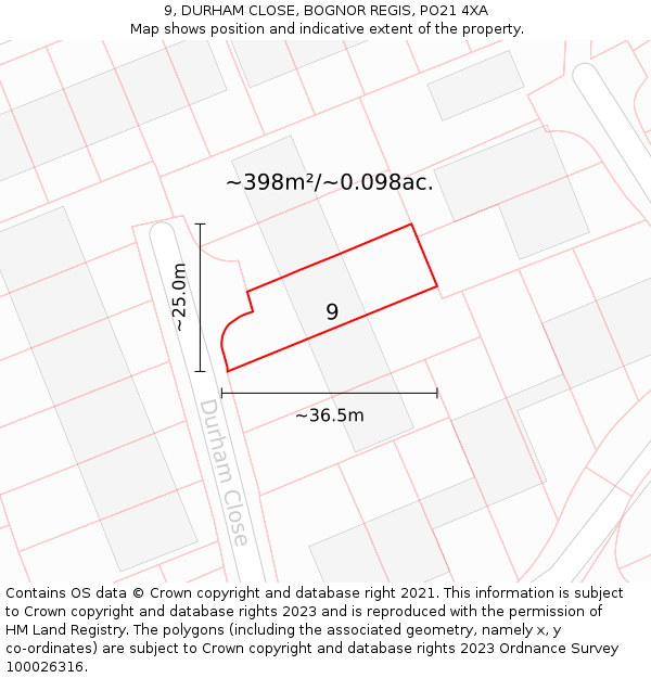 9, DURHAM CLOSE, BOGNOR REGIS, PO21 4XA: Plot and title map