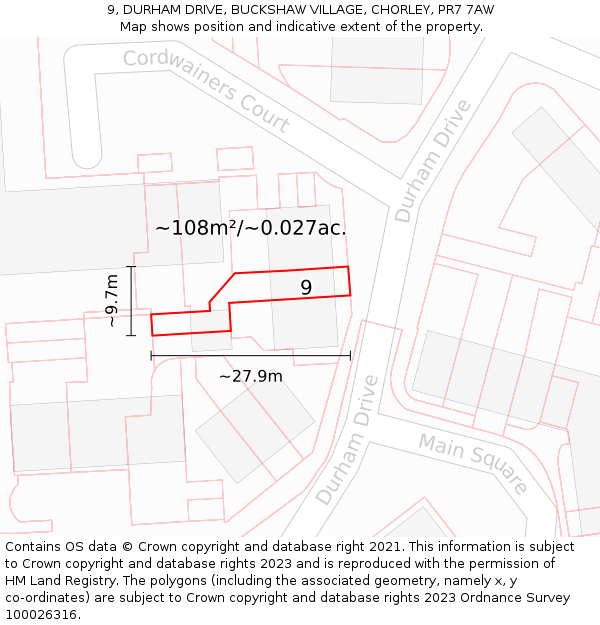 9, DURHAM DRIVE, BUCKSHAW VILLAGE, CHORLEY, PR7 7AW: Plot and title map
