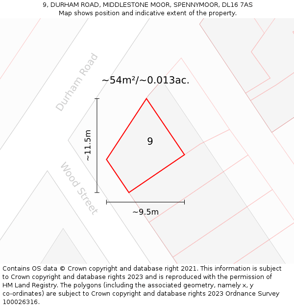 9, DURHAM ROAD, MIDDLESTONE MOOR, SPENNYMOOR, DL16 7AS: Plot and title map