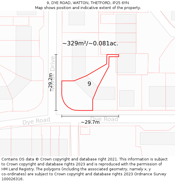 9, DYE ROAD, WATTON, THETFORD, IP25 6YN: Plot and title map