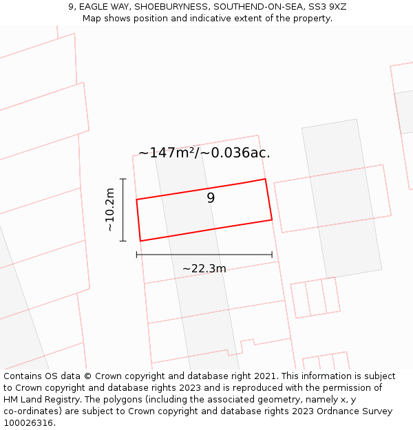 9, EAGLE WAY, SHOEBURYNESS, SOUTHEND-ON-SEA, SS3 9XZ: Plot and title map