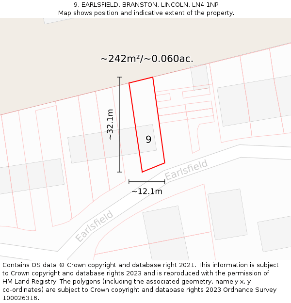 9, EARLSFIELD, BRANSTON, LINCOLN, LN4 1NP: Plot and title map