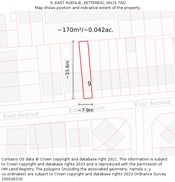 9, EAST AVENUE, KETTERING, NN15 7AD: Plot and title map