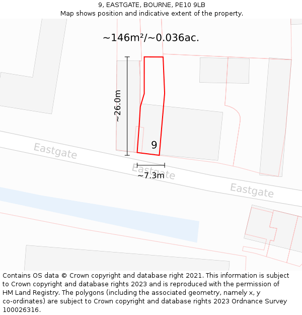 9, EASTGATE, BOURNE, PE10 9LB: Plot and title map