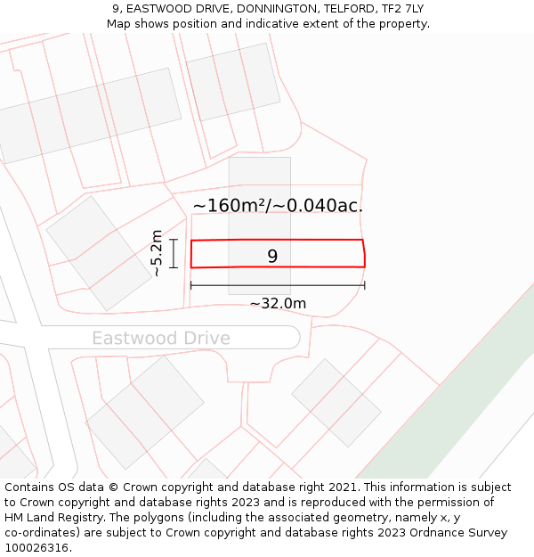 9, EASTWOOD DRIVE, DONNINGTON, TELFORD, TF2 7LY: Plot and title map
