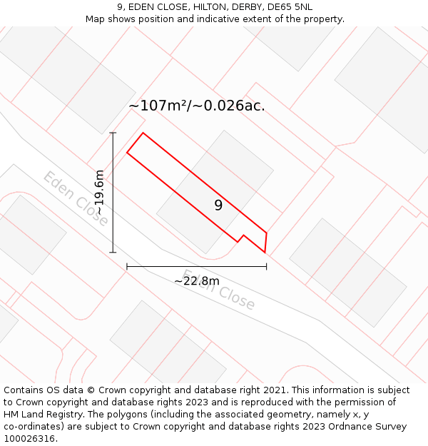 9, EDEN CLOSE, HILTON, DERBY, DE65 5NL: Plot and title map