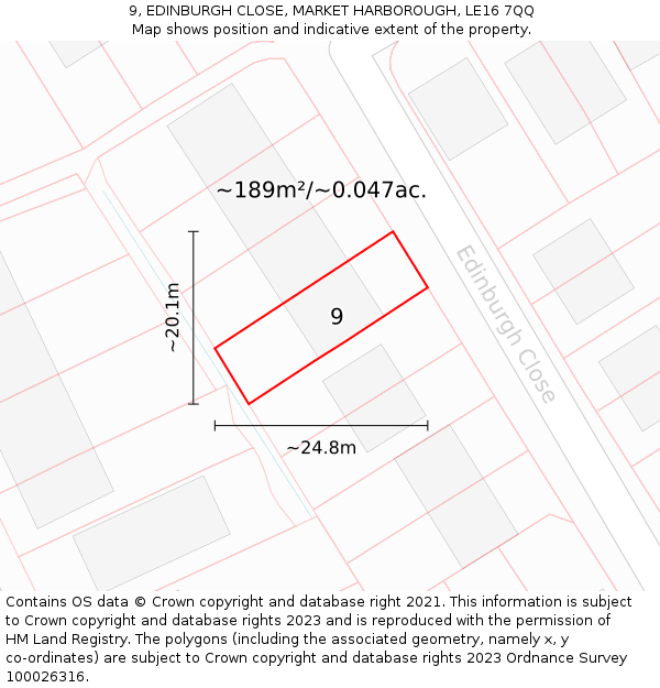 9, EDINBURGH CLOSE, MARKET HARBOROUGH, LE16 7QQ: Plot and title map