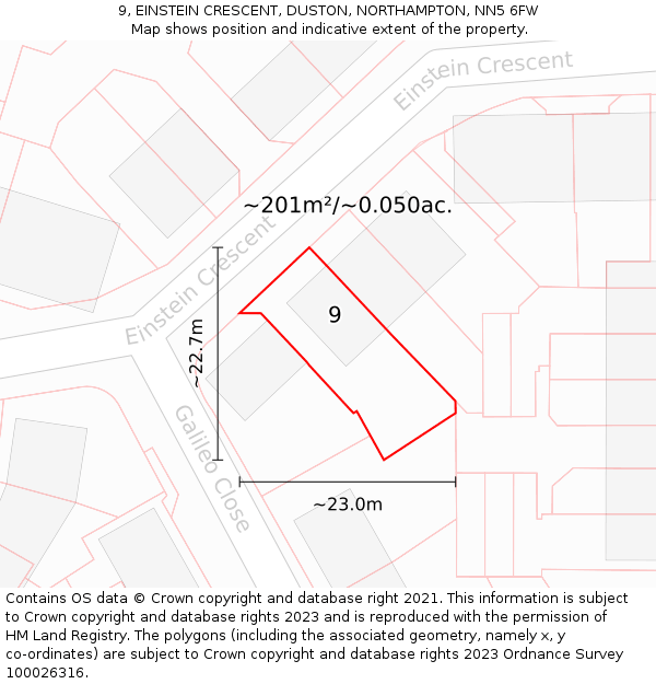 9, EINSTEIN CRESCENT, DUSTON, NORTHAMPTON, NN5 6FW: Plot and title map
