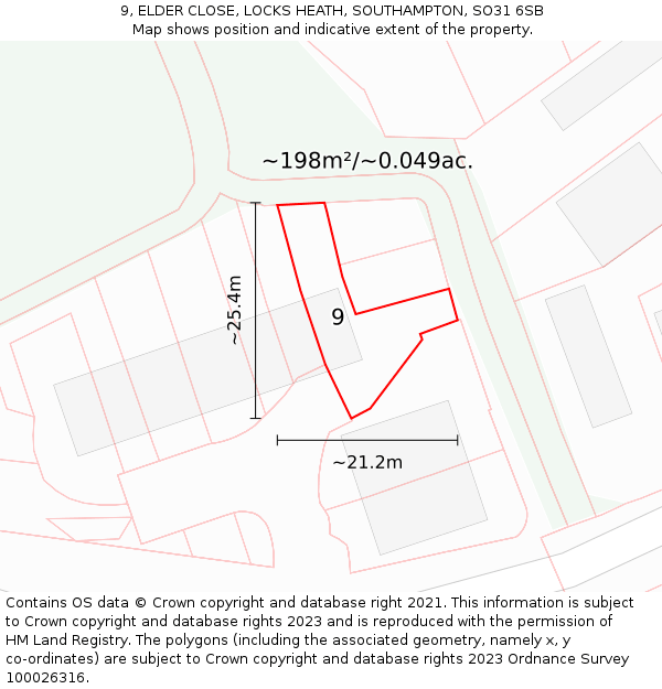 9, ELDER CLOSE, LOCKS HEATH, SOUTHAMPTON, SO31 6SB: Plot and title map
