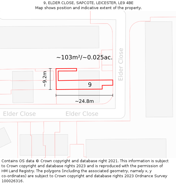 9, ELDER CLOSE, SAPCOTE, LEICESTER, LE9 4BE: Plot and title map