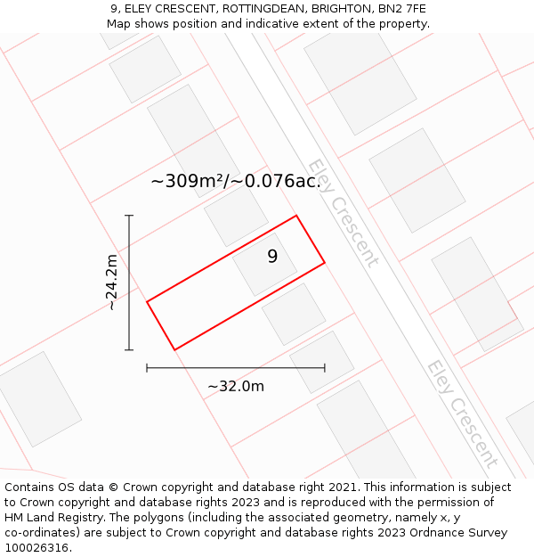 9, ELEY CRESCENT, ROTTINGDEAN, BRIGHTON, BN2 7FE: Plot and title map
