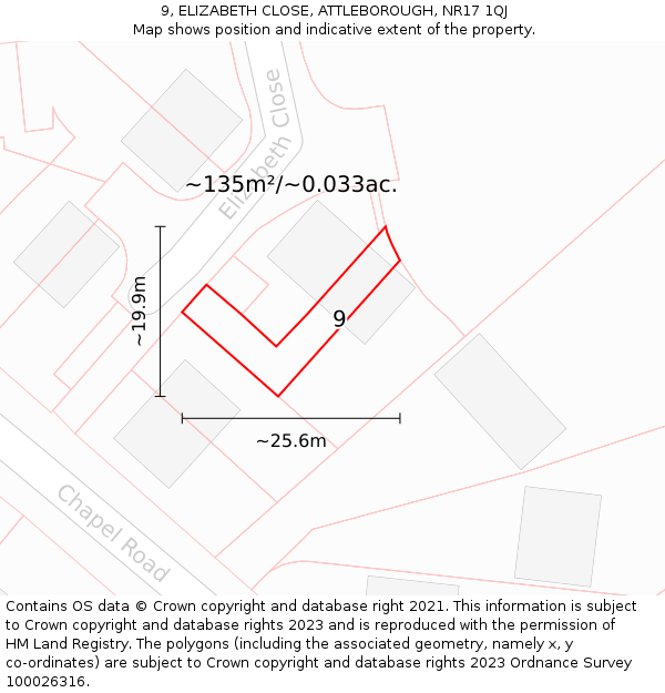 9, ELIZABETH CLOSE, ATTLEBOROUGH, NR17 1QJ: Plot and title map