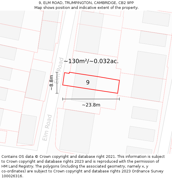 9, ELM ROAD, TRUMPINGTON, CAMBRIDGE, CB2 9PP: Plot and title map