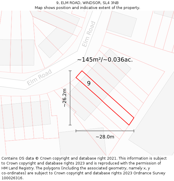 9, ELM ROAD, WINDSOR, SL4 3NB: Plot and title map