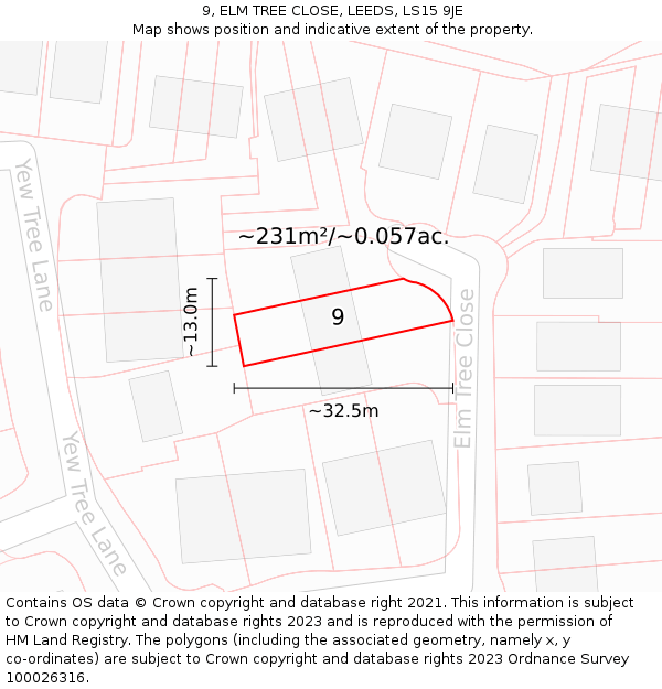 9, ELM TREE CLOSE, LEEDS, LS15 9JE: Plot and title map