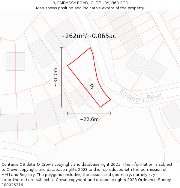 9, EMBASSY ROAD, OLDBURY, B69 2GD: Plot and title map