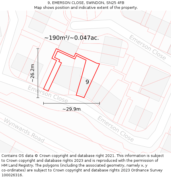 9, EMERSON CLOSE, SWINDON, SN25 4FB: Plot and title map