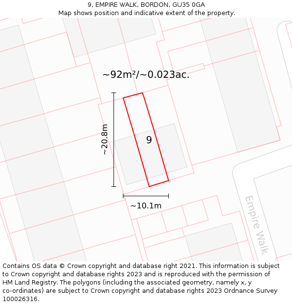 9, EMPIRE WALK, BORDON, GU35 0GA: Plot and title map