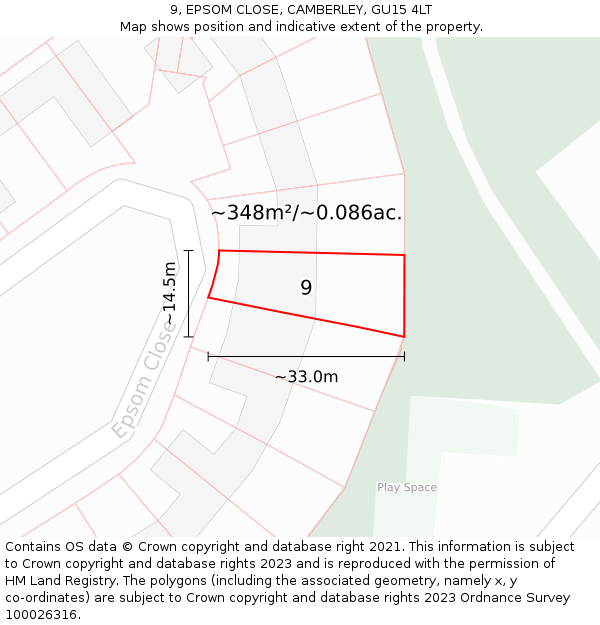 9, EPSOM CLOSE, CAMBERLEY, GU15 4LT: Plot and title map