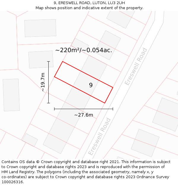 9, ERESWELL ROAD, LUTON, LU3 2UH: Plot and title map