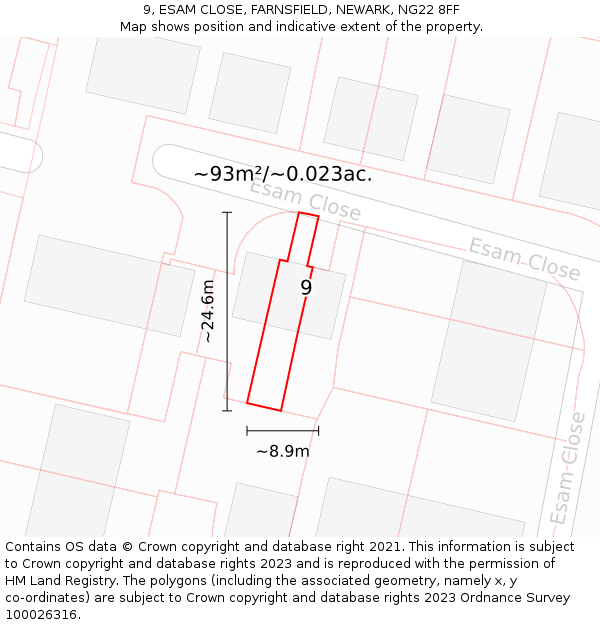9, ESAM CLOSE, FARNSFIELD, NEWARK, NG22 8FF: Plot and title map