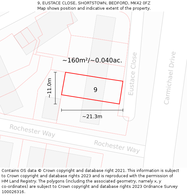 9, EUSTACE CLOSE, SHORTSTOWN, BEDFORD, MK42 0FZ: Plot and title map
