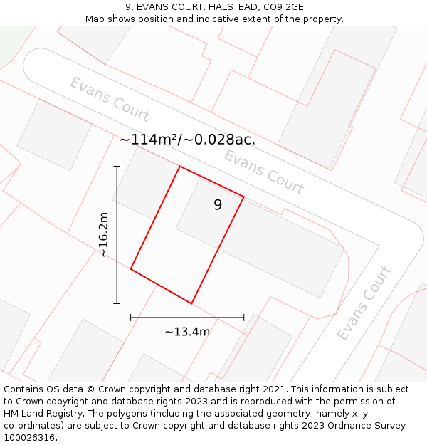 9, EVANS COURT, HALSTEAD, CO9 2GE: Plot and title map