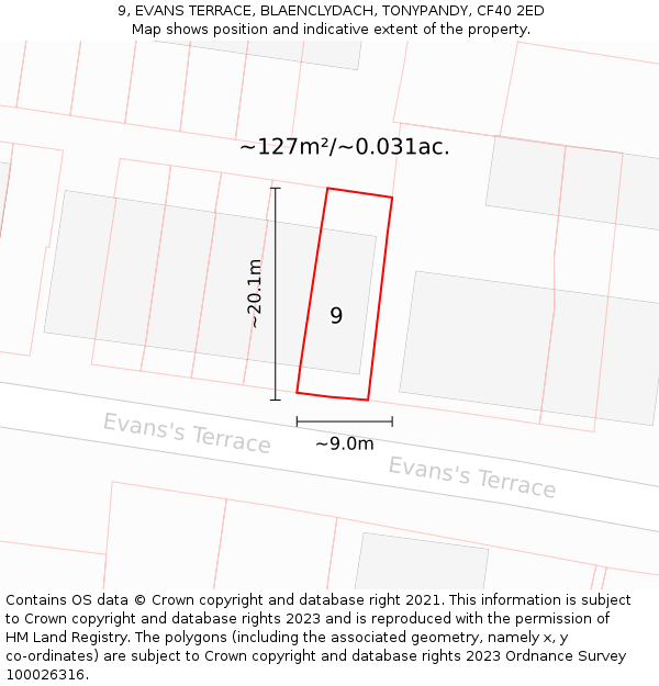 9, EVANS TERRACE, BLAENCLYDACH, TONYPANDY, CF40 2ED: Plot and title map