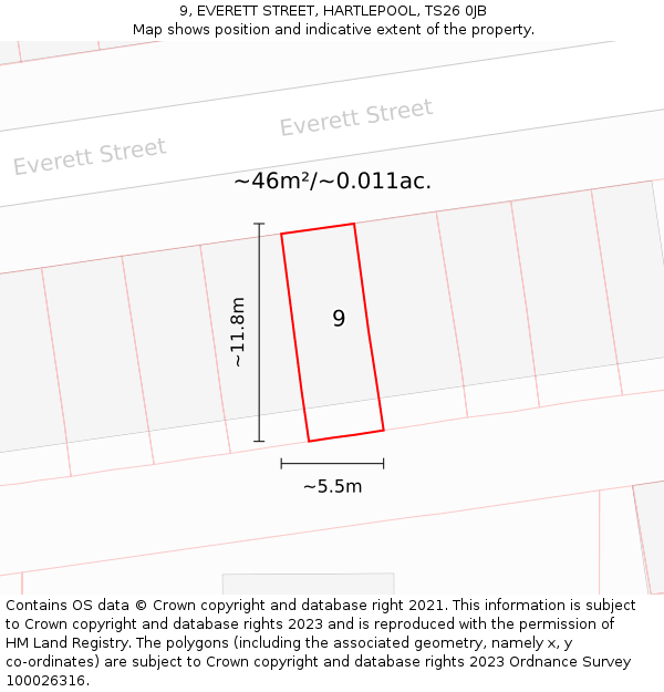9, EVERETT STREET, HARTLEPOOL, TS26 0JB: Plot and title map
