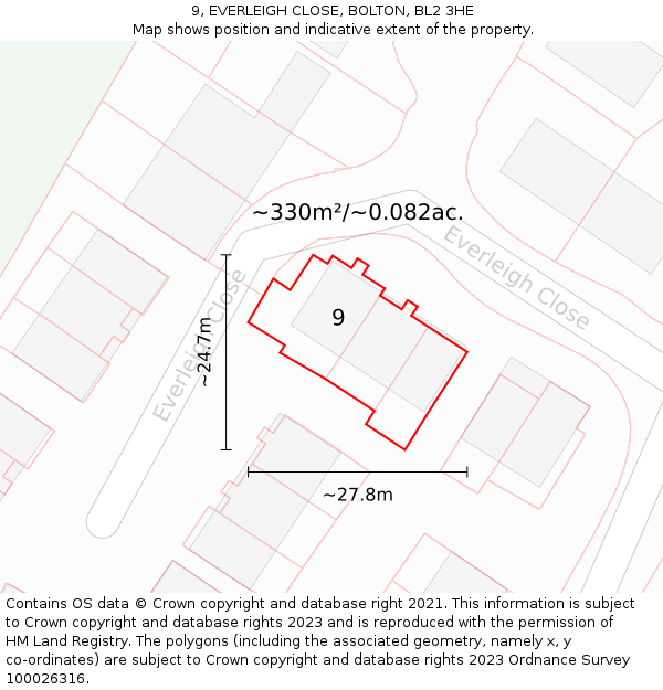 9, EVERLEIGH CLOSE, BOLTON, BL2 3HE: Plot and title map