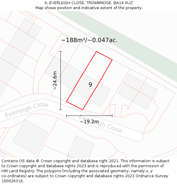 9, EVERLEIGH CLOSE, TROWBRIDGE, BA14 0UZ: Plot and title map