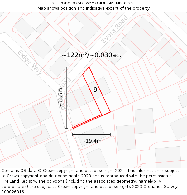 9, EVORA ROAD, WYMONDHAM, NR18 9NE: Plot and title map