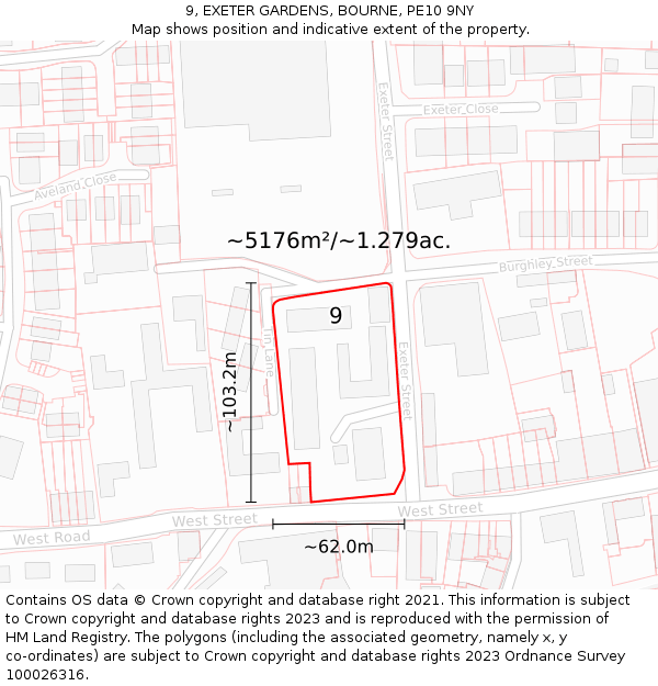 9, EXETER GARDENS, BOURNE, PE10 9NY: Plot and title map