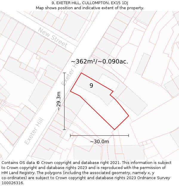 9, EXETER HILL, CULLOMPTON, EX15 1DJ: Plot and title map