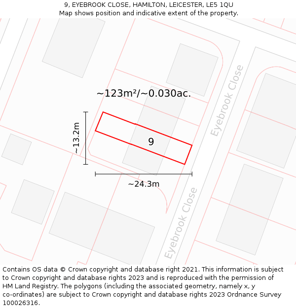 9, EYEBROOK CLOSE, HAMILTON, LEICESTER, LE5 1QU: Plot and title map