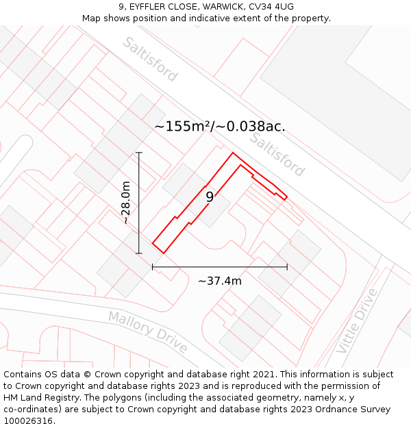 9, EYFFLER CLOSE, WARWICK, CV34 4UG: Plot and title map