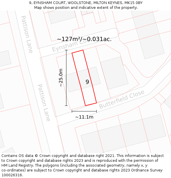 9, EYNSHAM COURT, WOOLSTONE, MILTON KEYNES, MK15 0BY: Plot and title map