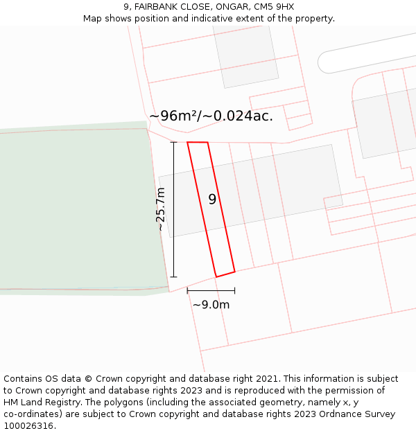9, FAIRBANK CLOSE, ONGAR, CM5 9HX: Plot and title map
