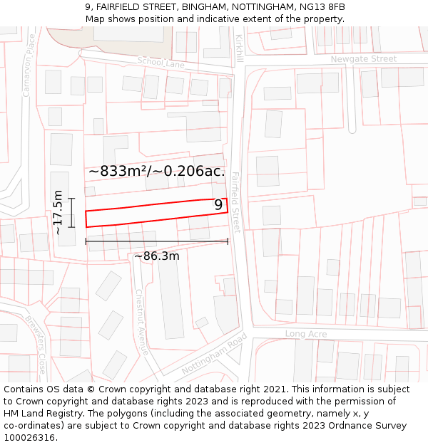9, FAIRFIELD STREET, BINGHAM, NOTTINGHAM, NG13 8FB: Plot and title map