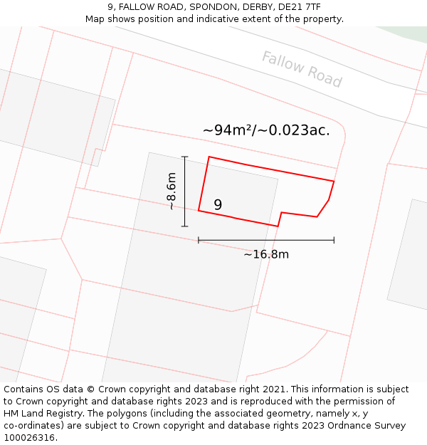 9, FALLOW ROAD, SPONDON, DERBY, DE21 7TF: Plot and title map