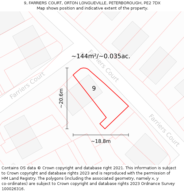 9, FARRIERS COURT, ORTON LONGUEVILLE, PETERBOROUGH, PE2 7DX: Plot and title map