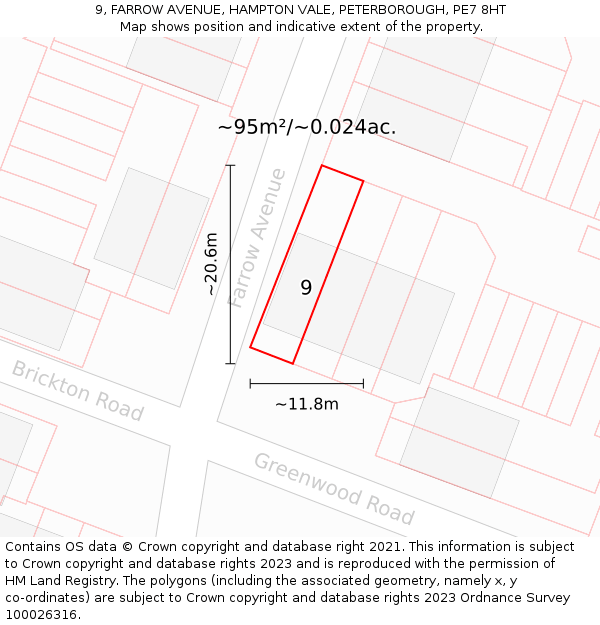 9, FARROW AVENUE, HAMPTON VALE, PETERBOROUGH, PE7 8HT: Plot and title map
