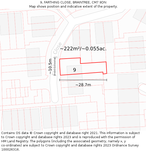 9, FARTHING CLOSE, BRAINTREE, CM7 9DN: Plot and title map