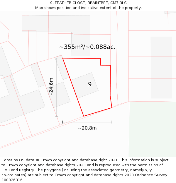 9, FEATHER CLOSE, BRAINTREE, CM7 3LS: Plot and title map