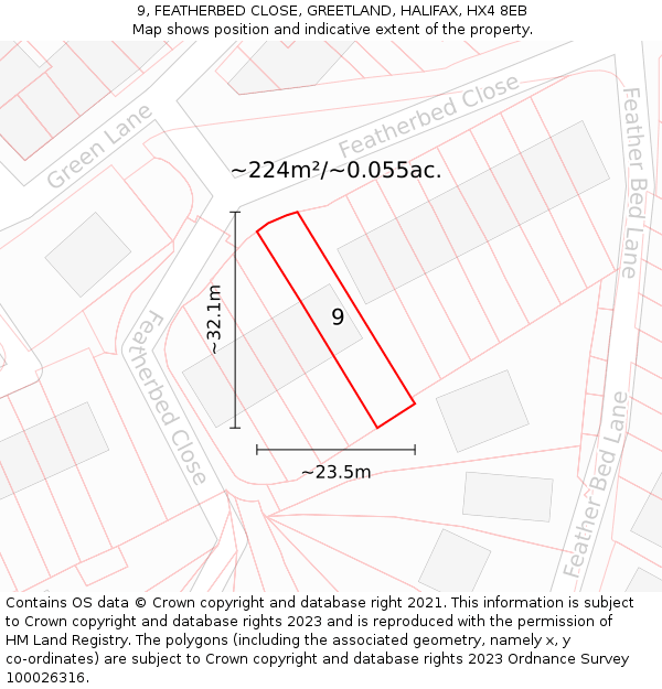 9, FEATHERBED CLOSE, GREETLAND, HALIFAX, HX4 8EB: Plot and title map