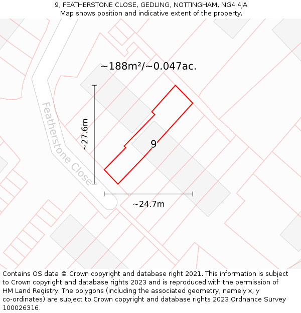 9, FEATHERSTONE CLOSE, GEDLING, NOTTINGHAM, NG4 4JA: Plot and title map