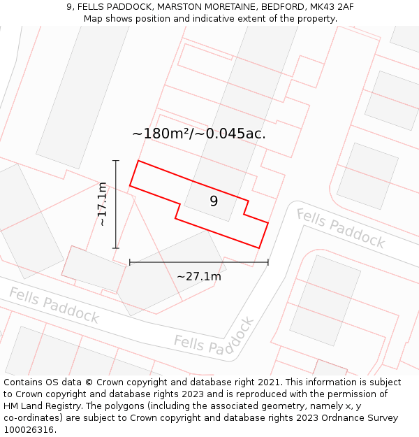 9, FELLS PADDOCK, MARSTON MORETAINE, BEDFORD, MK43 2AF: Plot and title map