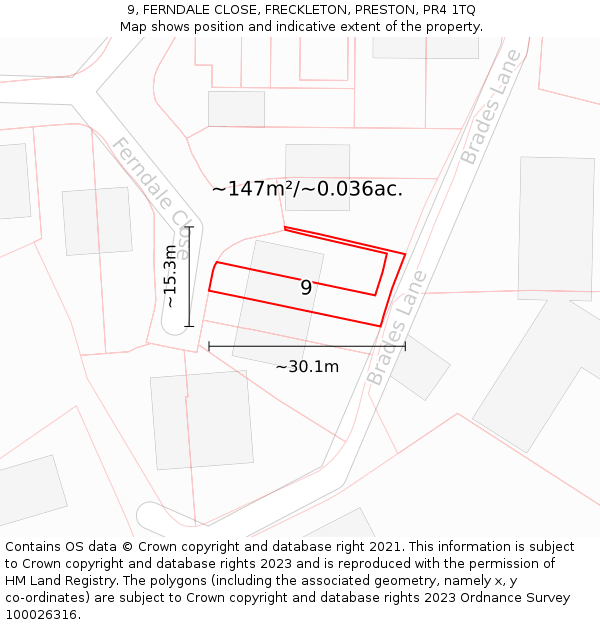 9, FERNDALE CLOSE, FRECKLETON, PRESTON, PR4 1TQ: Plot and title map