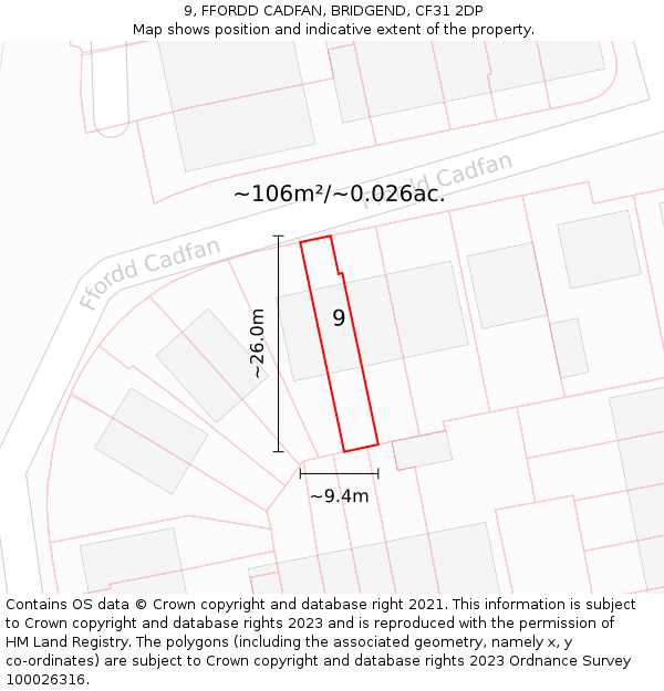 9, FFORDD CADFAN, BRIDGEND, CF31 2DP: Plot and title map